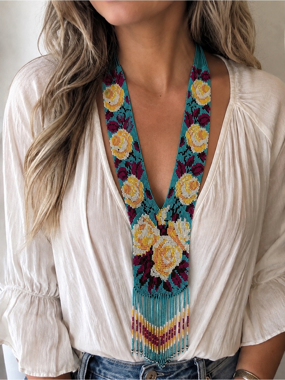 Handcrafted Turquoise and Yellow Floral Beaded Necklace - Women Jewelry